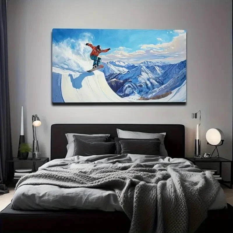 Skiing On A Mountain Top Décor Wall Art Canvas Office Home Room Framed 120x60cm