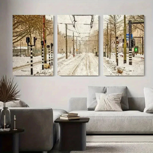 3pcs Snowy Winter Tramway Serene Urban Winter Metal Print Ready to Hang Art