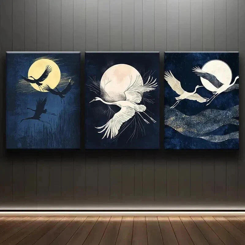 3pcs Cranes Fly Under the Moon Nature Perfect Wall Art Set Canvas Framed 40x60cm - High Quality Print 100% Australian Made Wall Canvas Ready to Hang