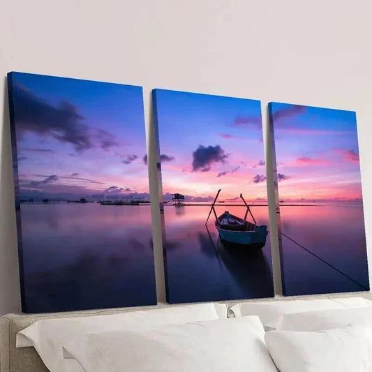 3pcs Ocean Environment Purple Sunset & Boat Wall Art Set Canvas Framed 40x60cm - High Quality Print 100% Australian Made Wall Canvas Ready to Hang