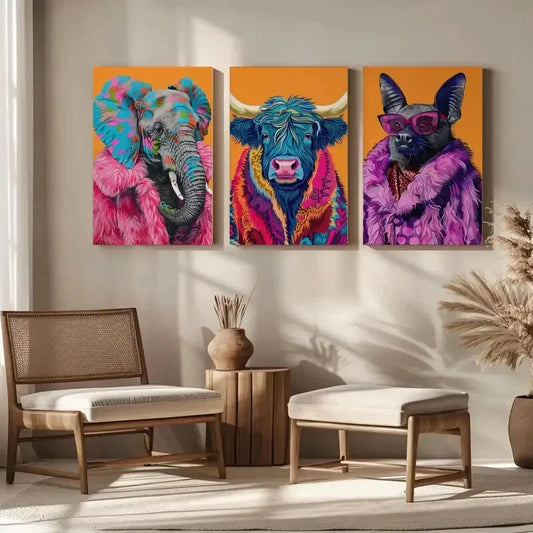 3pcs Colorful Animal Fashion Maximalist Metal Print Ready to Hang Art