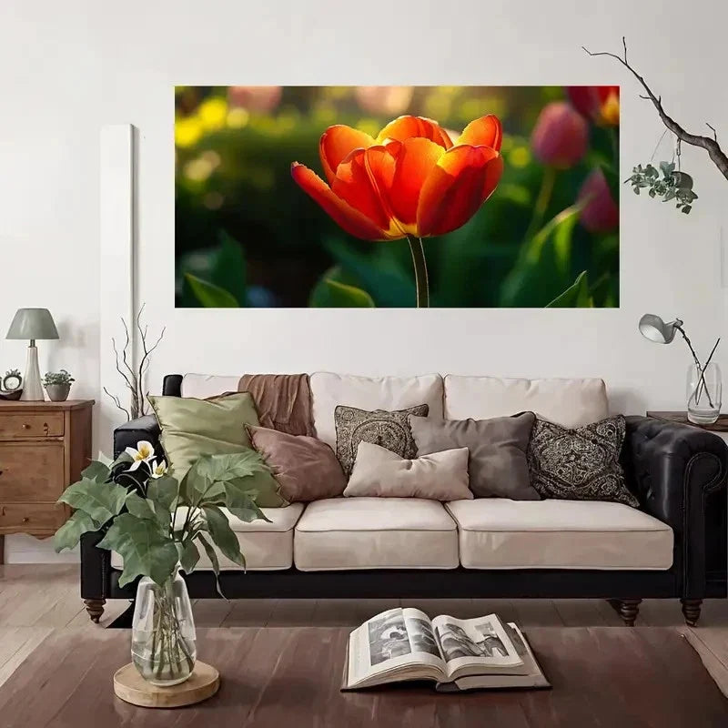 Red Orange Tulip Green Foliage Wall Art Canvas Office Home Room Framed 80x45cm