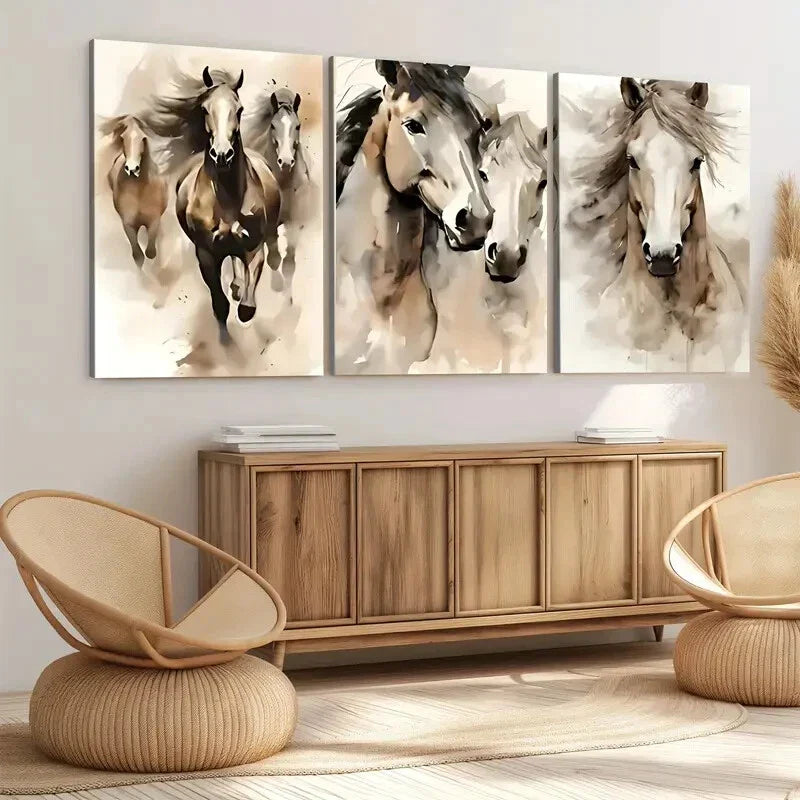 3pcs Horse Pair Abstract Elegant Charcoal Wall Art Set Canvas Framed 40x60cm - High Quality Print 100% Australian Made Wall Canvas Ready to Hang