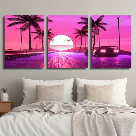 3pcs Vibrant Pink Sunset Palm Tree & Retro Car Metal Print Ready to Hang Art