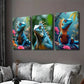 3pcs Vibrant Blue Iguana Nature Scene Flowers Wall Art Set Canvas Framed 40x60cm - High Quality Print 100% Australian Made Wall Canvas Ready to Hang