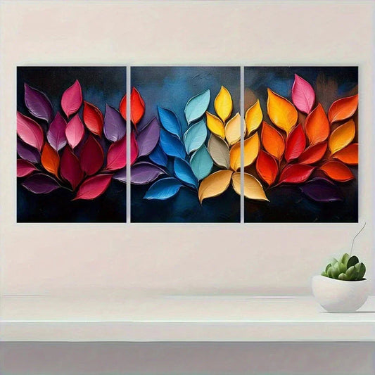 3pcs Vibrant Abstract Floral Colorful Leaves Metal Print Ready to Hang Art