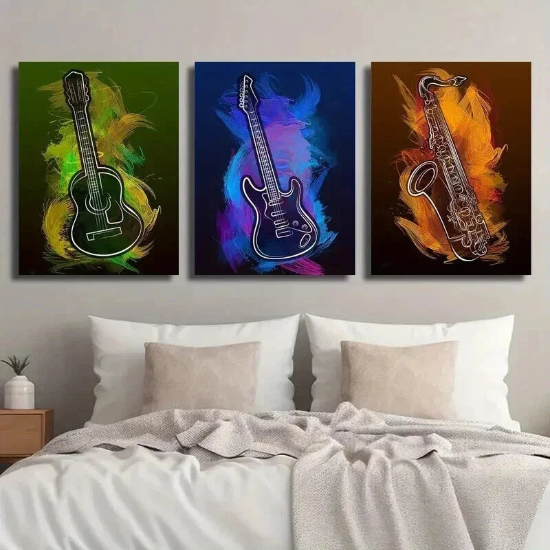3pcs Abstract Guitar Saxophone Music Instrument Wall Art Set Canvas Framed 40x60cm - High Quality Print 100% Australian Made Wall Canvas Ready to Hang