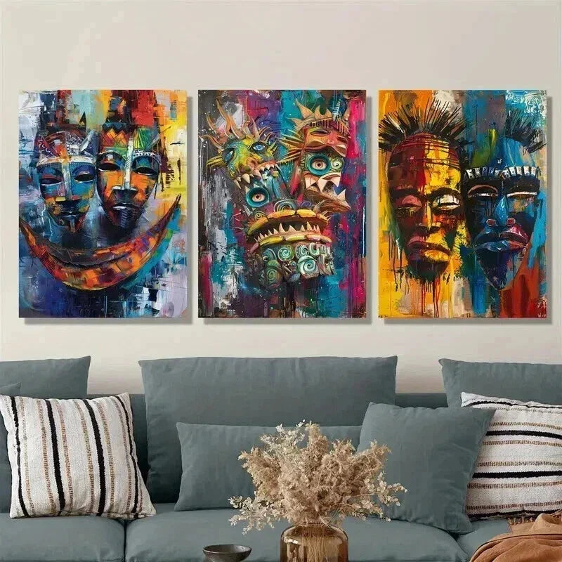 3pcs Abstract Masks Vibrant African Face Wall Art Set Canvas Framed 40x60cm - High Quality Print 100% Australian Made Wall Canvas Ready to Hang