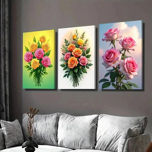 3pcs Vibrant Floral Bouquet Elegant Rose & Lily Wall Art Set Canvas Framed 40x60cm - High Quality Print 100% Australian Made Wall Canvas Ready to Hang