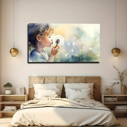 Dandelion Blowing For Children Wall Art Canvas Office Home Room Framed 80x45cm