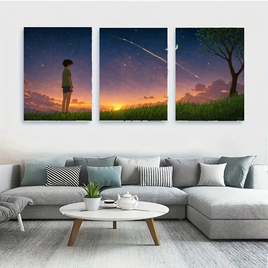 3pcs A Boy Standing on a Grassy Hill Metal Print Ready to Hang Art