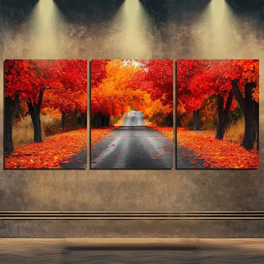 3pcs Vibrant Autumn Forest Road Nature Perfect Wall Art Set Canvas Framed 40x60cm - High Quality Print 100% Australian Made Wall Canvas Ready to Hang