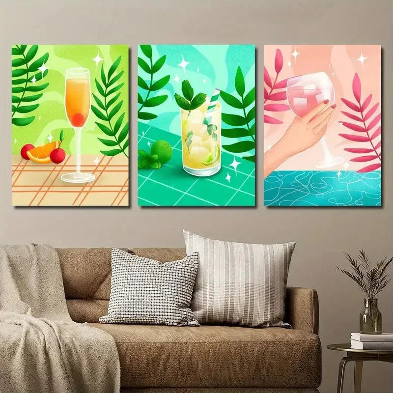 3pcs Vibrant Drink & Plant Leaf Designs Wall Art Set Canvas Framed 40x60cm - High Quality Print 100% Australian Made Wall Canvas Ready to Hang