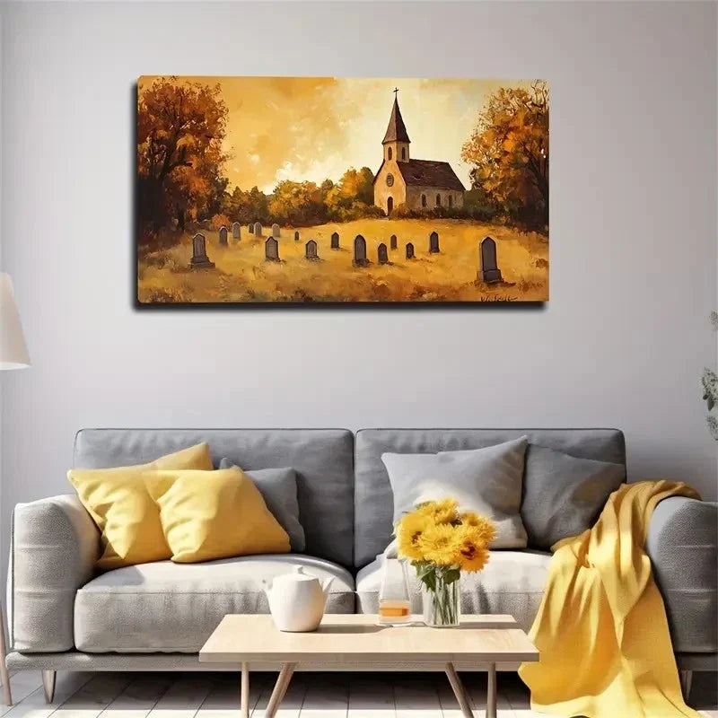Autumn Tombstones Landscape Wall Art Canvas Office Home Room Framed 120x60cm