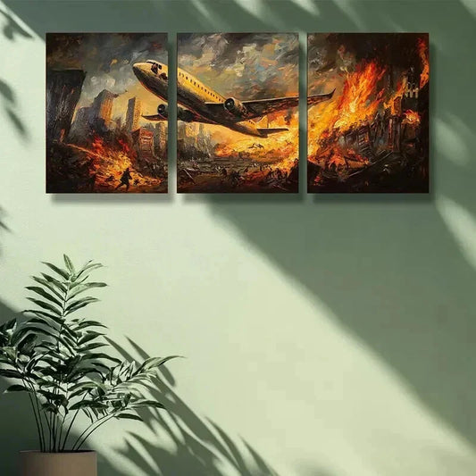 3pcs Battle Scene with Airplanes and Explosions Wall Art Set Canvas Framed 40x60cm - High Quality Print 100% Australian Made Wall Canvas Ready to Hang