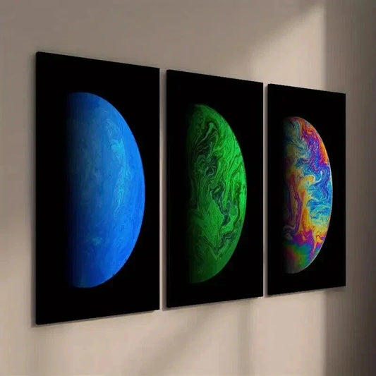 3pcs Colorful Planet on Black Background Wall Art Set Canvas Framed 40x60cm - High Quality Print 100% Australian Made Wall Canvas Ready to Hang