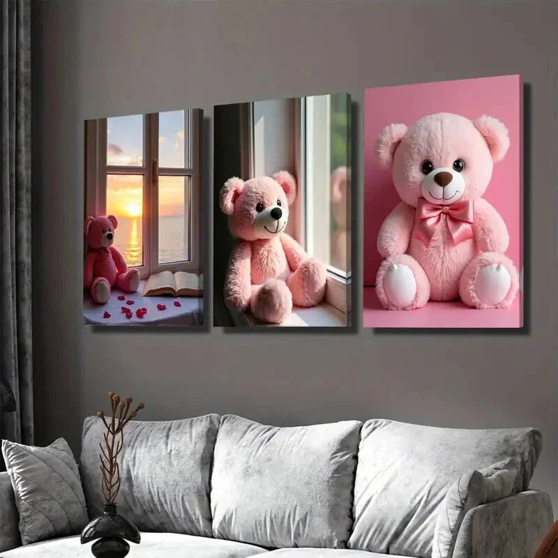 3pcs Charming Pink Teddy Bear Romantic Sunset Wall Art Set Canvas Framed 40x60cm - High Quality Print 100% Australian Made Wall Canvas Ready to Hang