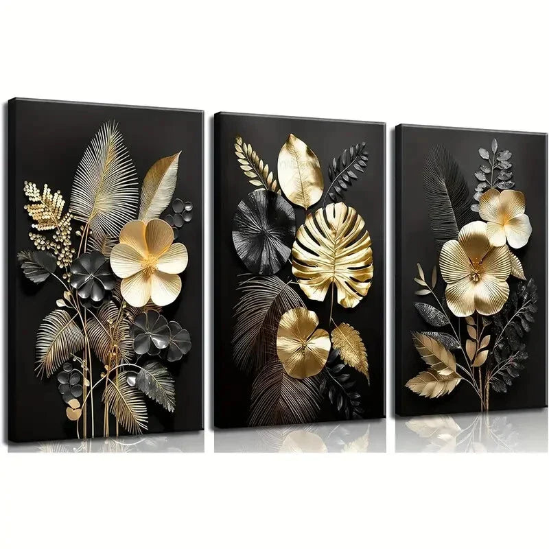 3pcs Set of Black Golden Plant Flowers Wall Art Set Canvas Framed 40x60cm - High Quality Print 100% Australian Made Wall Canvas Ready to Hang