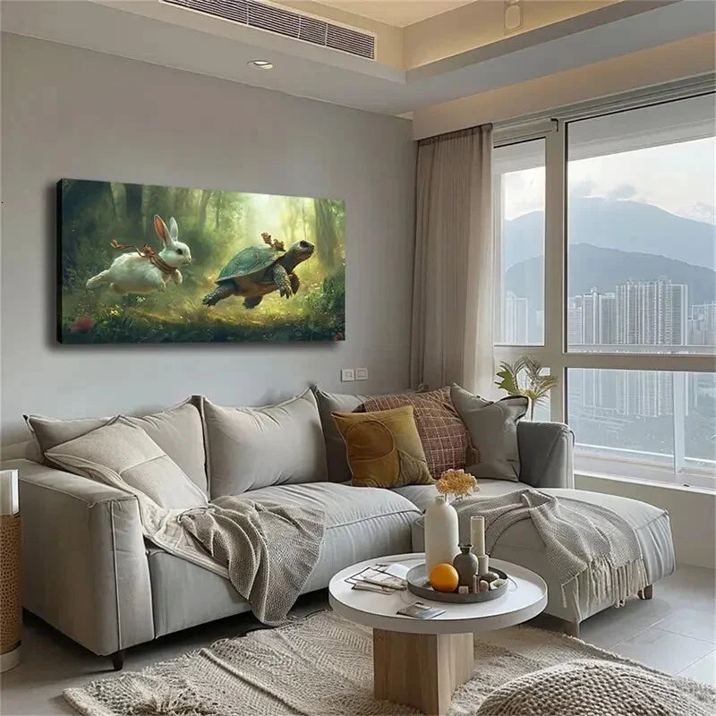 Realistic Turtle Rabbit Running Wall Art Canvas Office Home Room Framed 80x45cm