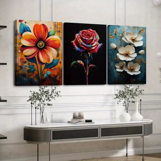 3pcs Vibrant Florals Paint Roses Peonies Orange Wall Art Set Canvas Framed 40x60cm - High Quality Print 100% Australian Made Wall Canvas Ready to Hang