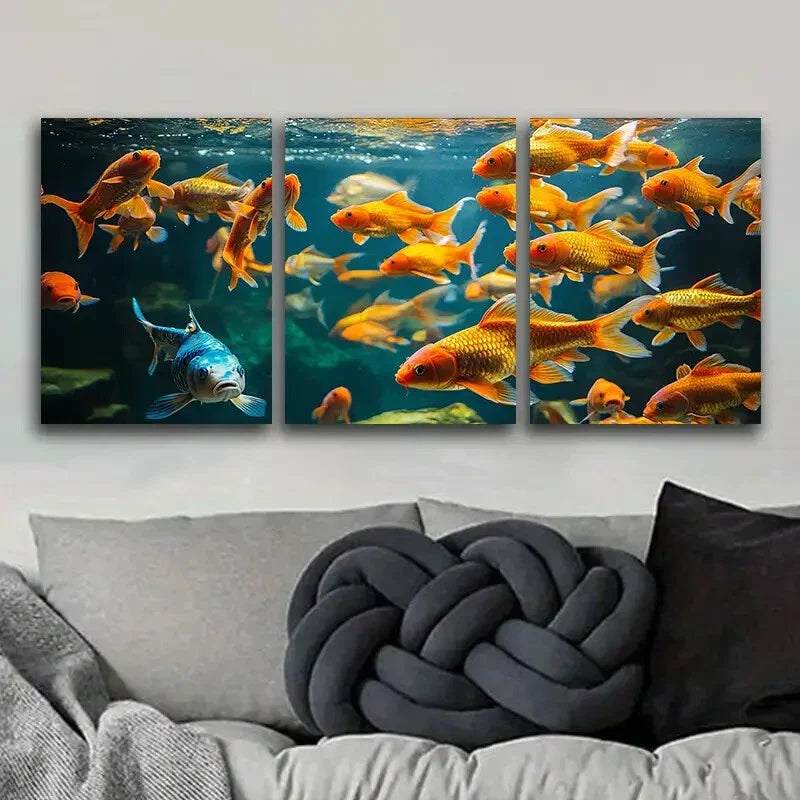 3pcs Featuring Goldfish in an Aquarium, Metal Print Ready to Hang Art