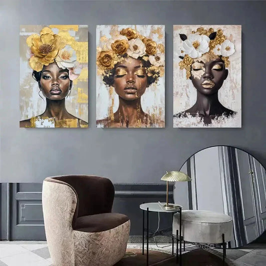 3pcs Elegant Female Figures with Golden and White Metal Print Ready to Hang Art