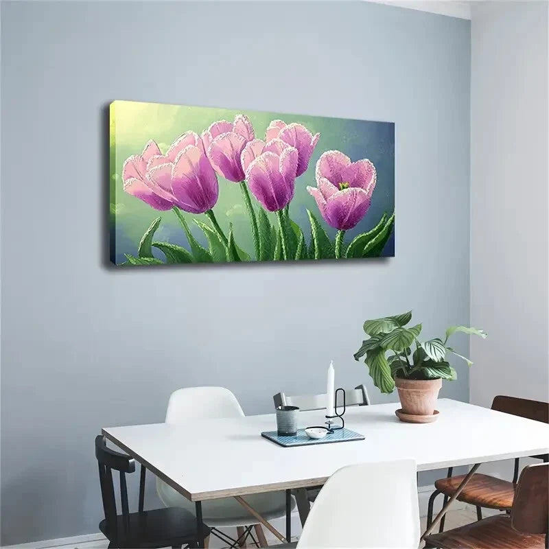 Realistic Purple Tulips Brush Wall Art Canvas Office Home Room Framed 120x60cm