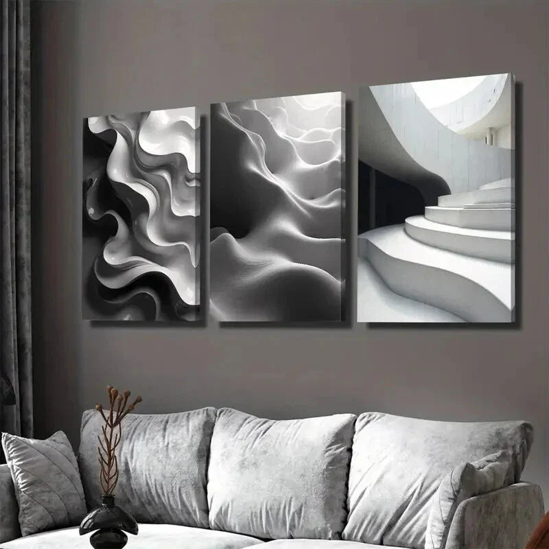 3pcs Modern Abstract Panel Black and White Wall Art Set Canvas Framed 40x60cm - High Quality Print 100% Australian Made Wall Canvas Ready to Hang