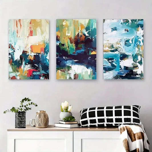 3pcs Abstract Landscape Art, Colorful Geometric Metal Print Ready to Hang Art