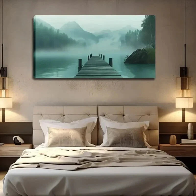 Serene Lake Scene Misty Wall Art Canvas Office Home Room Framed 120x60cm