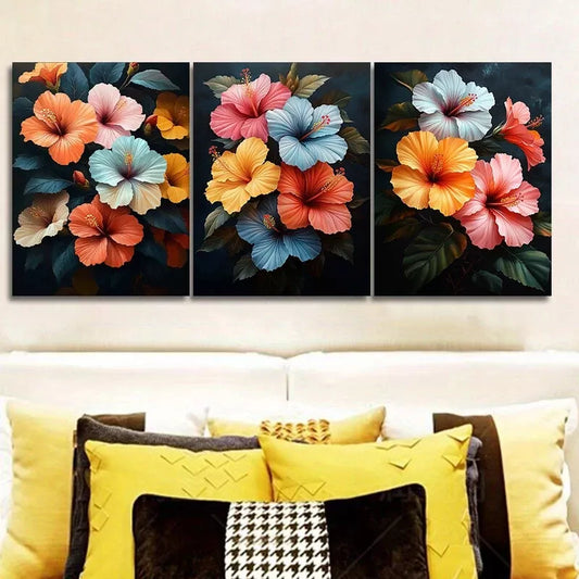 3pcs Featuring Hibiscus Flowers, Floral Wall Art Set Canvas Framed 40x60cm - High Quality Print 100% Australian Made Wall Canvas Ready to Hang
