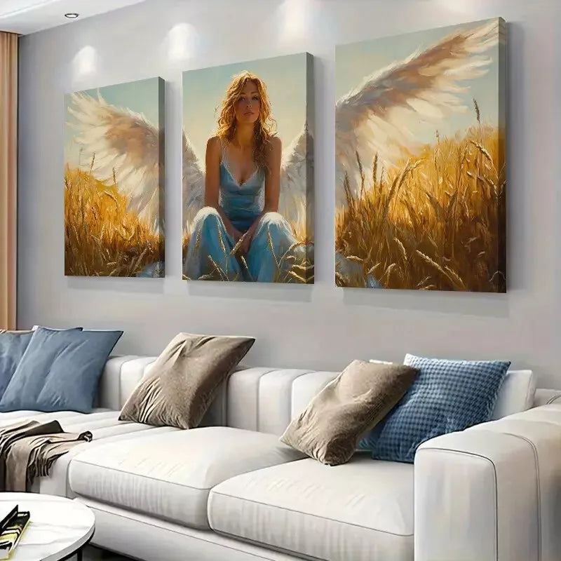 3pcs Graceful Angel in Wheat Field Triptych  Wall Art Set Canvas Framed 40x60cm - High Quality Print 100% Australian Made Wall Canvas Ready to Hang