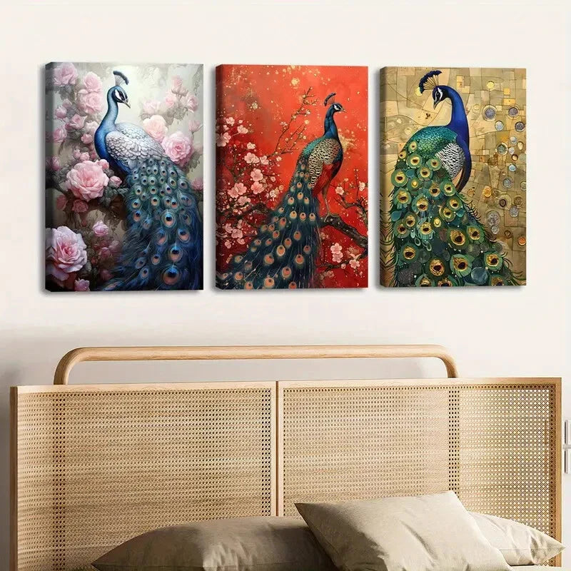 3pcs Exquisite Peacock Animal Florals Gold Blue Wall Art Set Canvas Framed 40x60cm - High Quality Print 100% Australian Made Wall Canvas Ready to Hang