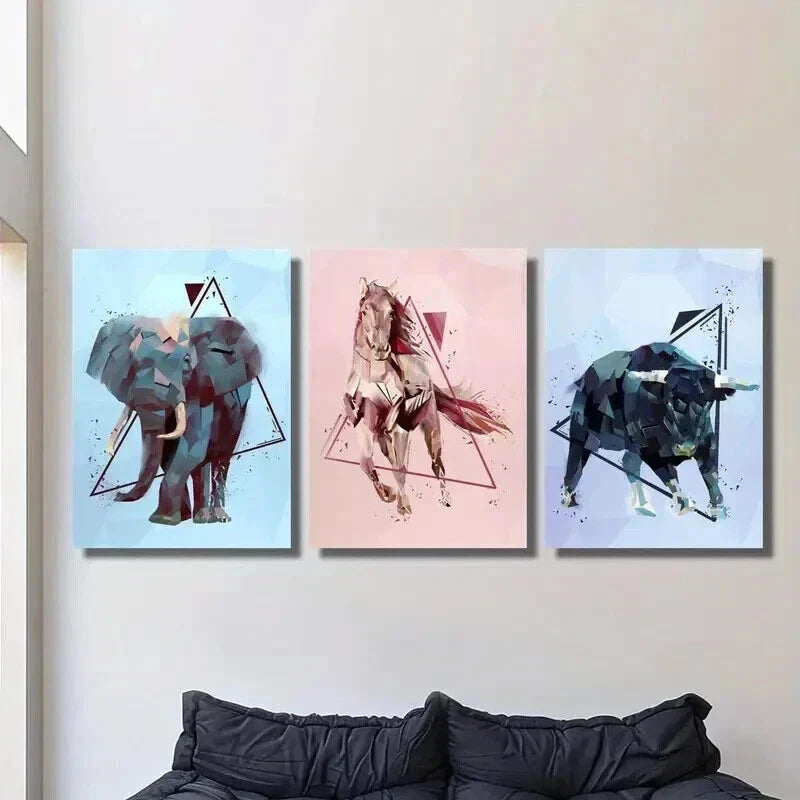 3pcs Elephant Horse Bull in Geometric Style Wall Art Set Canvas Framed 40x60cm - High Quality Print 100% Australian Made Wall Canvas Ready to Hang