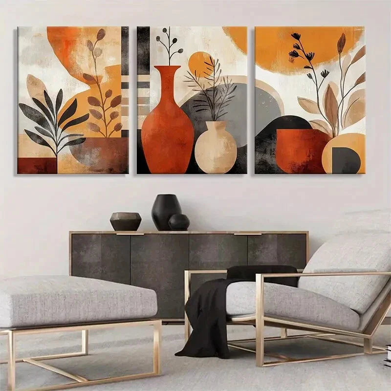 3pcs Abstract Vases and Plants Geometric Perfect Wall Art Set Canvas Framed 40x60cm - High Quality Print 100% Australian Made Wall Canvas Ready to Hang