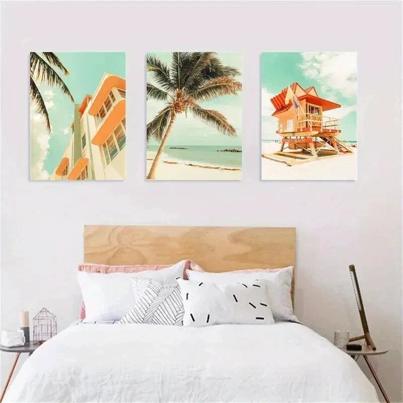 3pcs Miami Beach Palm Trees & Lifeguard Tower Wall Art Set Canvas Framed 40x60cm - High Quality Print 100% Australian Made Wall Canvas Ready to Hang