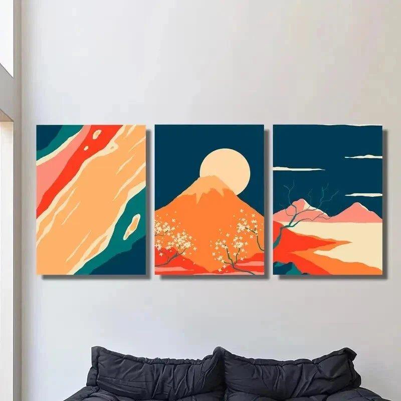 3pcs Cherry Blossom Mountain and Sun Wall Art Set Canvas Framed 40x60cm - High Quality Print 100% Australian Made Wall Canvas Ready to Hang