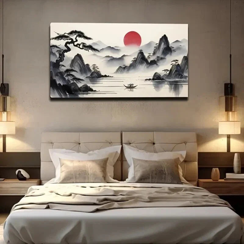Elegant Ink Mountain & River Wall Art Canvas Office Home Room Framed 80x45cm