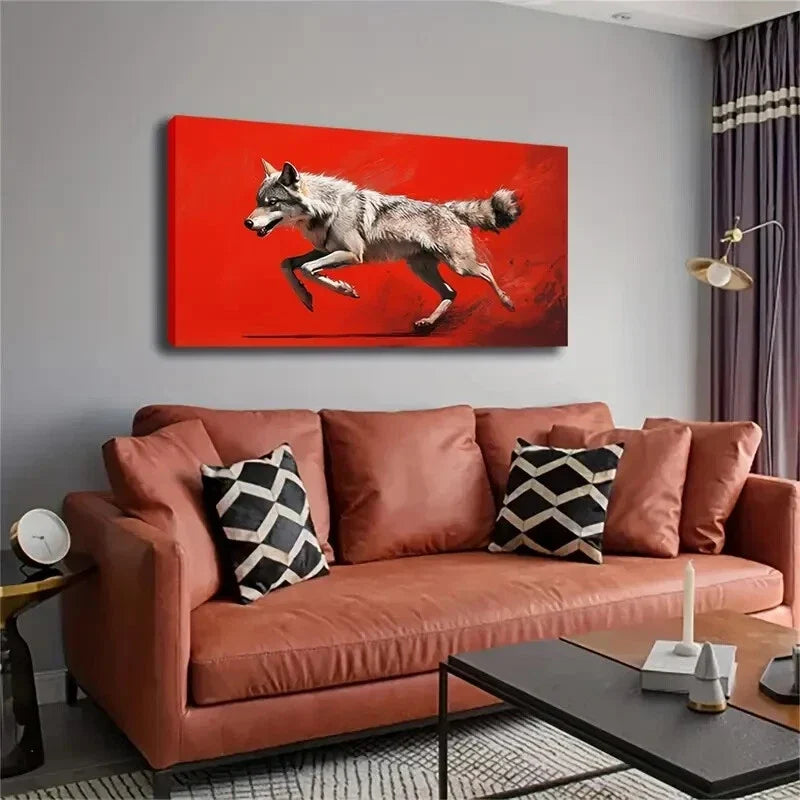 Wolf Motion With Red Abstract Wall Art Canvas Office Home Room Framed 120x60cm