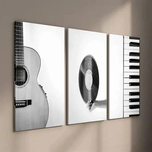 3pcs Black and White Guitar Vinyl Record & Piano Wall Art Set Canvas Framed 40x60cm - High Quality Print 100% Australian Made Wall Canvas Ready to Hang