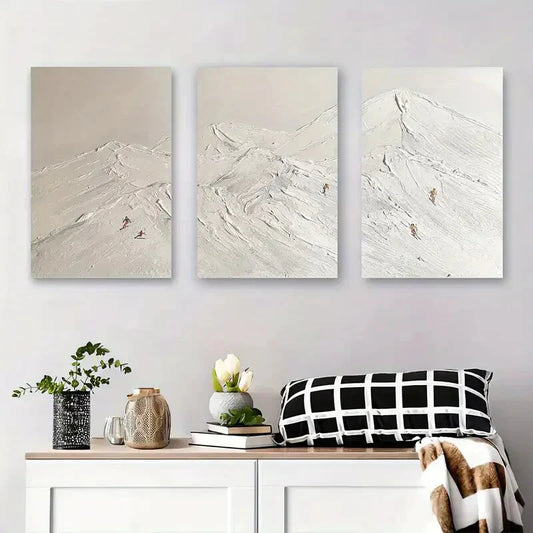 3pcs Snowy Mountain Peaks with Skiers Metal Print Ready to Hang Art