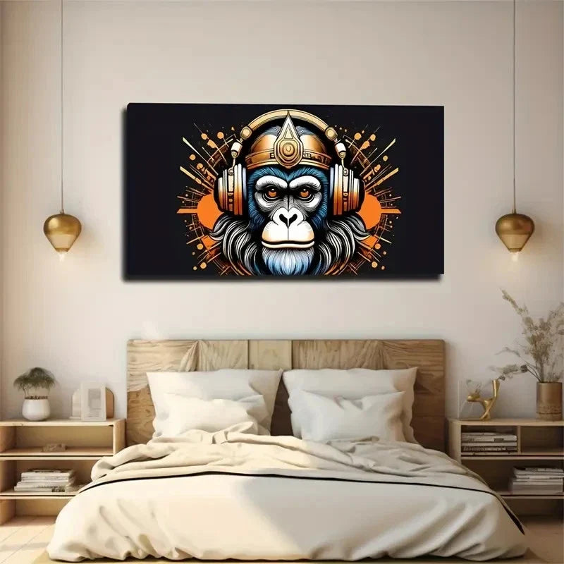 Vibrant Monkey With Headphones Wall Art Canvas Office Home Room Framed 120x60cm