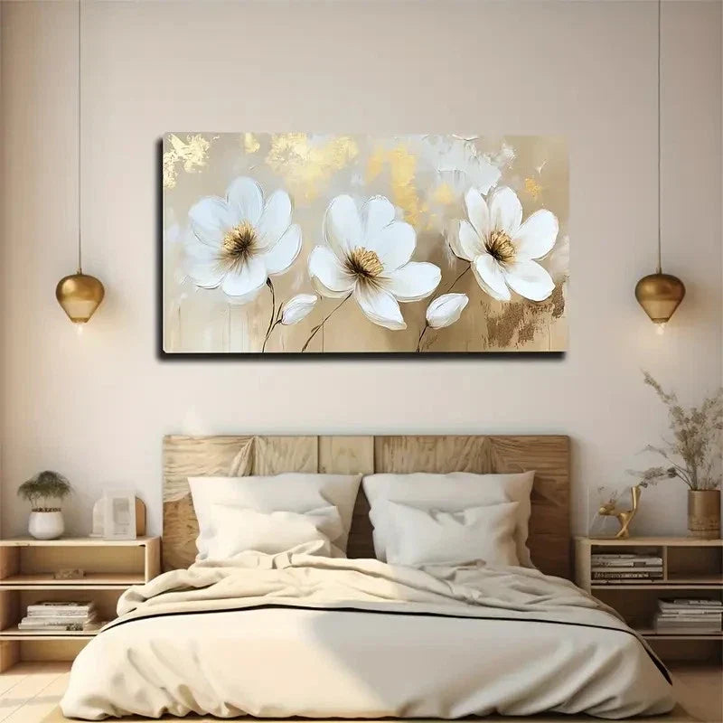 Three White Flower Golden Petal Wall Art Canvas Office Home Room Framed 80x45cm