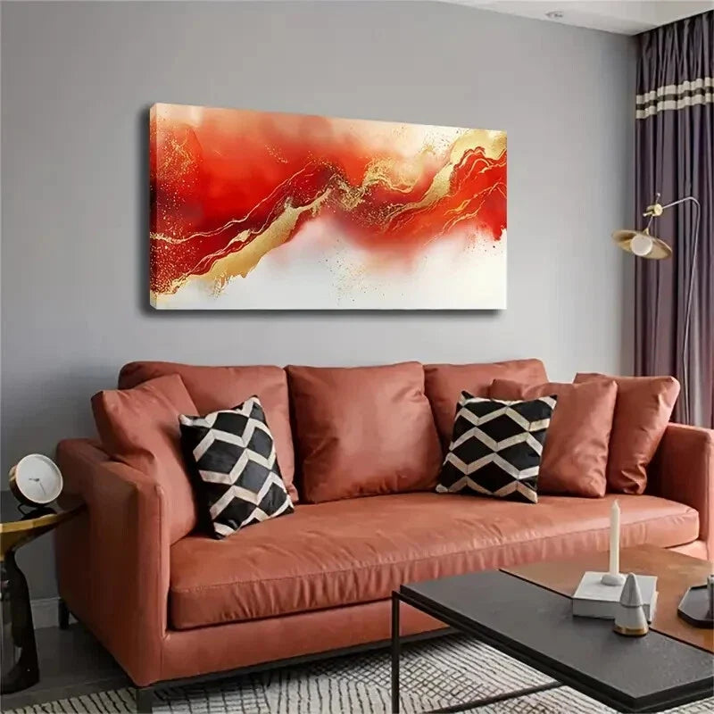 Modern Abstract Red & Golden Wall Art Canvas Office Home Room Framed 120x60cm