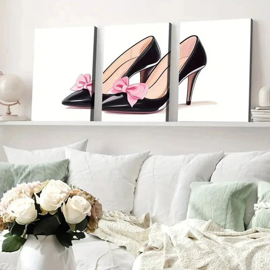 3pcs Black High Heels Pink Bows Modern White Wall Art Set Canvas Framed 40x60cm - High Quality Print 100% Australian Made Wall Canvas Ready to Hang