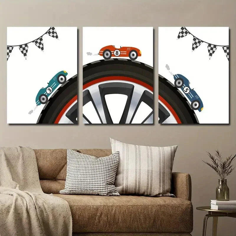 3pcs Racing Car Illustration on Cartoon Tire Wall Art Set Canvas Framed 40x60cm - High Quality Print 100% Australian Made Wall Canvas Ready to Hang