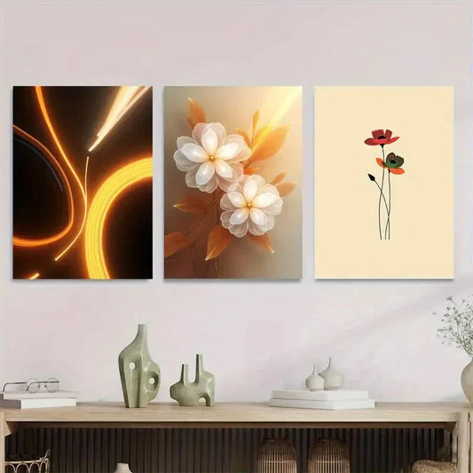 3pcs White Flowers & Golden Accents Metal Print Ready to Hang Art