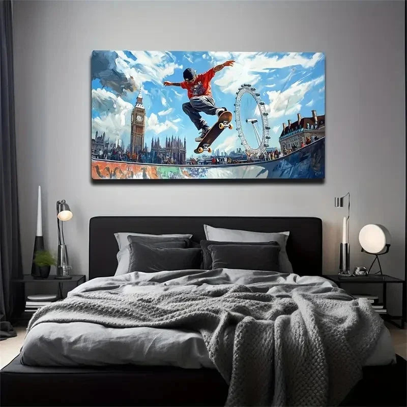 Big Ben Skateboarding Décor Wall Art Canvas Office Home Room Framed 120x60cm