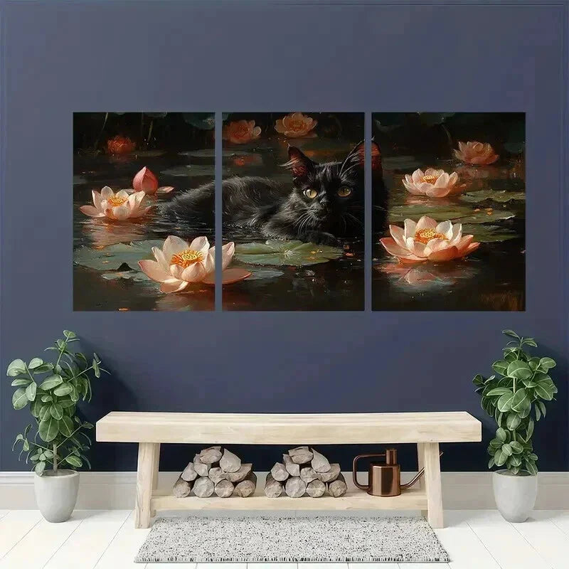 3pcs Black Cat Swimming in Lotus Pond Wall Art Set Canvas Framed 40x60cm - High Quality Print 100% Australian Made Wall Canvas Ready to Hang