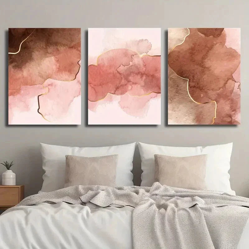 3pcs Abstract Pink Texture Golden Line Wall Art Set Canvas Framed 40x60cm - High Quality Print 100% Australian Made Wall Canvas Ready to Hang